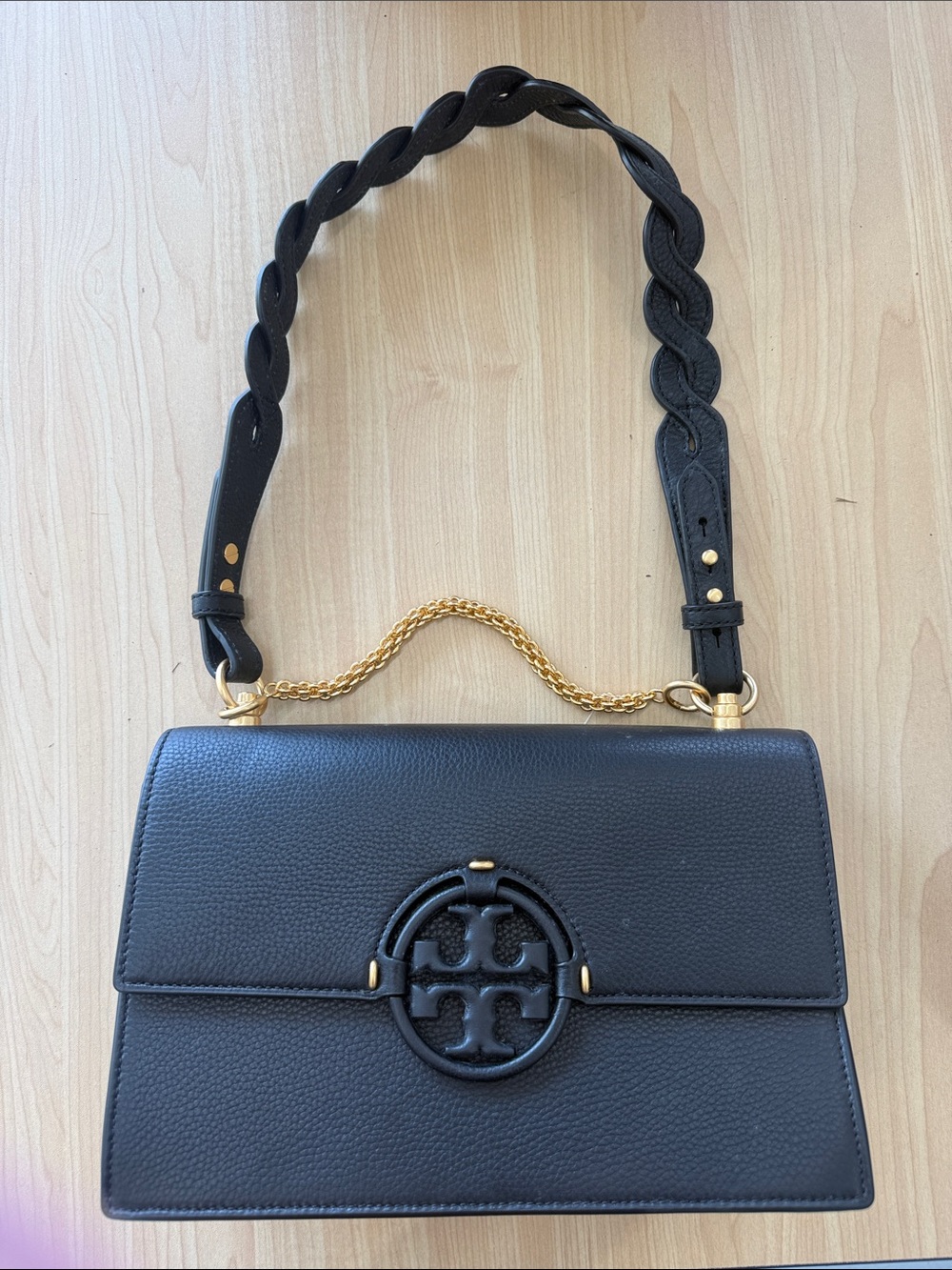 Tory Burch Black Leather Satchel with Gold Chain Handle